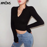 Aproms Vintage Turn-down Collar Knitted T-shirt Women Long Sleeve Soft Bodycon Tshirt Autumn Winter Solid Pullovers Female Tops