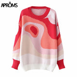Aproms Elegant Luxe Blue White Knitted Women Pullover Autumn Winter Printed Loose Sweater Lady Long Sleeve Soft Jumpers Pull Top