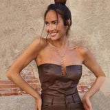 Billlnai Fashion Faux Leather Brown Tube Top Sexy PU Bodysuit Women Slim Party Shirt