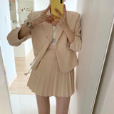 Women Two Piece Set Outfits Long Sleeve Coat and High Waist Pleated Mini Skirt Elegant Korean Style Casual 2 Piece Sets