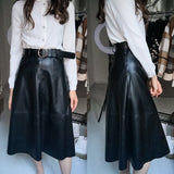 Billlnai 2023 New Autumn Winter PU-leather mi-long Skirt with Belt High Waist Vintage A-line Skirt Chic Mid-calf Umbrella Skirts