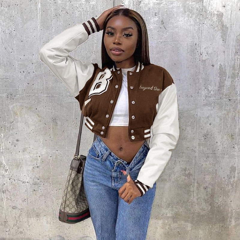 Billlnai Baseball Varsity Coats Jackets Embroidery Letter PU Leather Sleeve Cropped Hoodie Fall Winter Clothes Women D66-EZ39