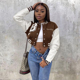 Billlnai Baseball Varsity Coats Jackets Embroidery Letter PU Leather Sleeve Cropped Hoodie Fall Winter Clothes Women D66-EZ39
