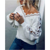 Billlnai New Women's Sweater Winter Lace V-Neck Pullover Jumper Autumn Spring Casual Fashion Loose Pure Color Sweater Clothing Tops