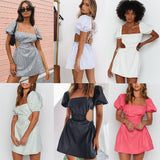 2023 French Summer Sexy Backless Mini Dress Women Square Collar Lace-Up Hollow Out Puff Sleeve A-Line Dress Femme Robe XXL Mujer