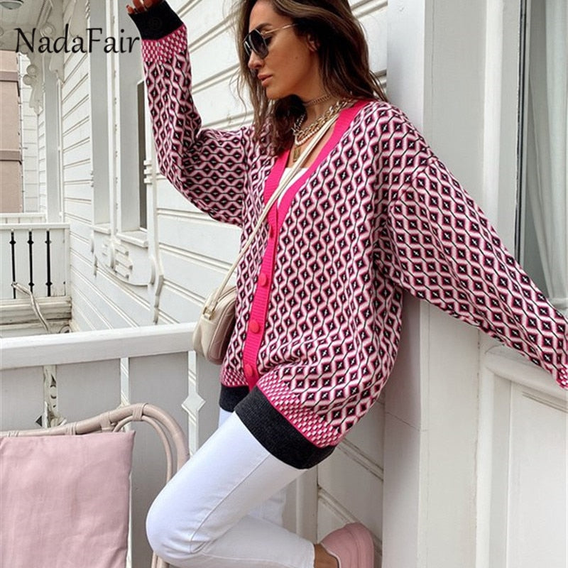 Christmas Gift Nadafair 2023 Autumn Winter Overised Cardigans Women Pattern Fashion Knitted Sweaters Button Casual Plus Size Cardigan Outwear