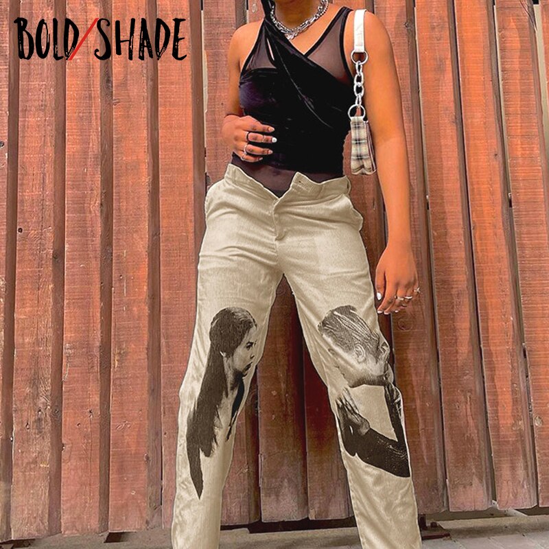 Bold Shade Grunge Streetwear Corduroy Pants Graphic Print Mid Waist 90s Vintage Style Trousers Y2K Indie Fashion Straight Pants