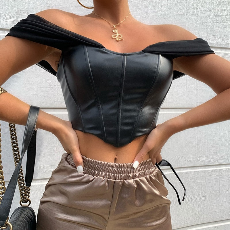 Cryptographic PU leather Sexy Bustier Corset Top Off Shoulder Chiffon White Strapless Female Top Cropped Tops Women Clothes