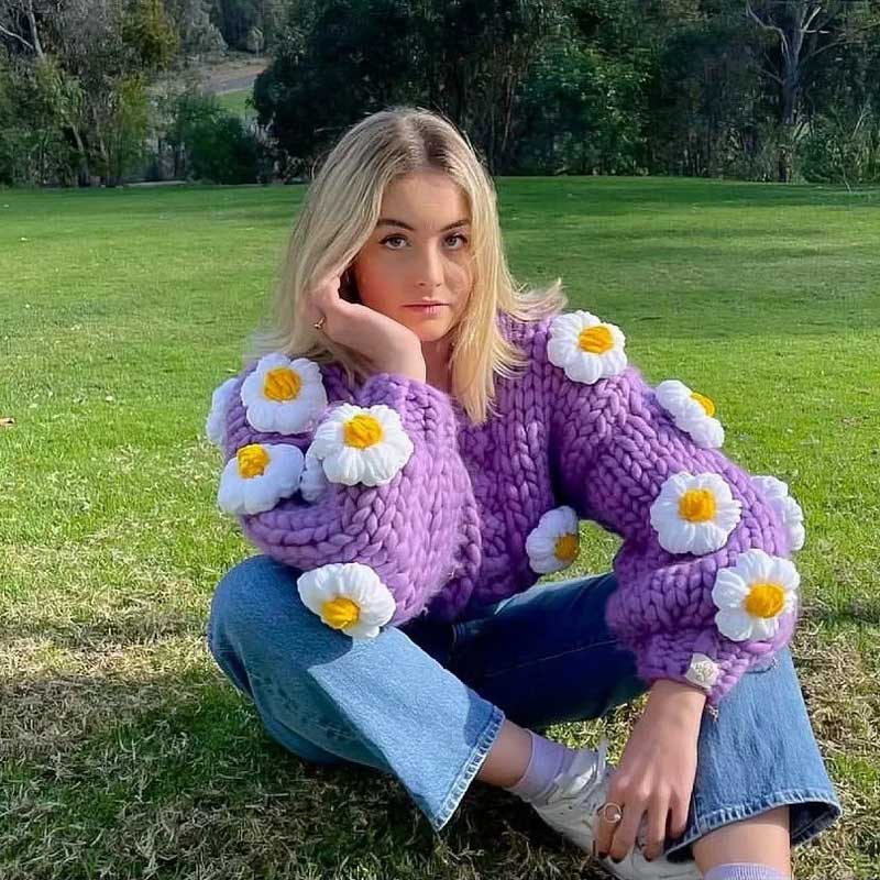 Billlnai 2023  Winter Women's Cardigans Multicolor Floral Knitted Decoration Long Sleeve Loose Coats Warm Sweaters 3 Colors