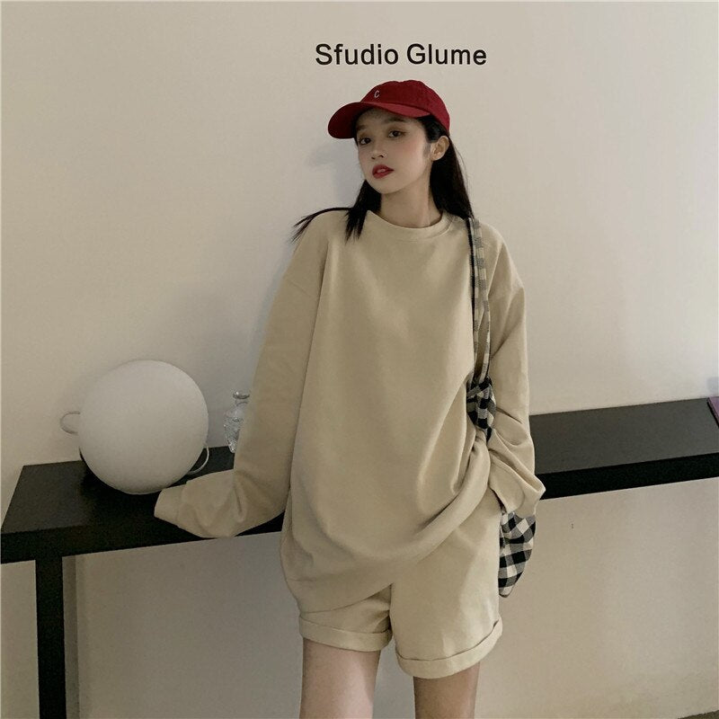 Autumn Casual Solid Outfits Women's Two Piece Set Full Sleeve Swearshirt+Shorts Tracksuits Fashion Leisure Sports Suit