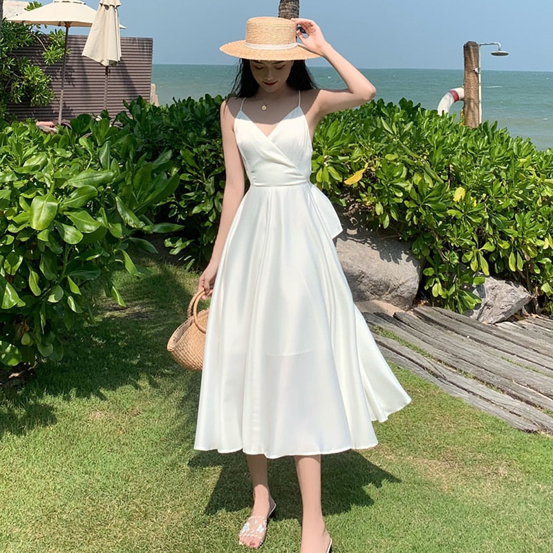 Billlnai  2023 Long White Satin Women Slip Dress Summer  Runway Elegant Vacation Party Night Dress Backless Tropical Korean Beach Sundress