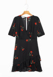 Billlnai Elegant Women Mini Dress Floral Print V Neck Hollow Out Black Short Sleeve Short Dress Femme Vestidos