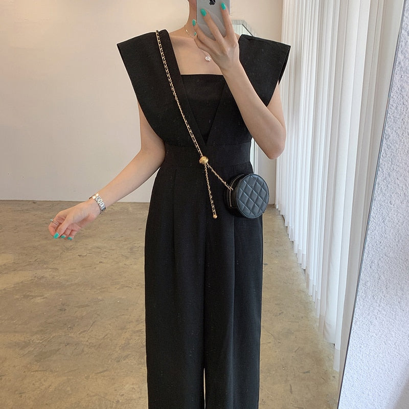 Summer Sexy Overalls for Women Sleeveless Loose Wide Leg Pants Rompers Casual Jumpsuits Vintage Office Lady Combinaison Femme