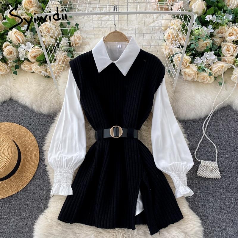 Billlnai Woman Sweater Vest Lantern Sleeve Shirt Two Piece Sets with Waistband 2023 Fall Fashion Jumpers Office Lady Pullover 1111