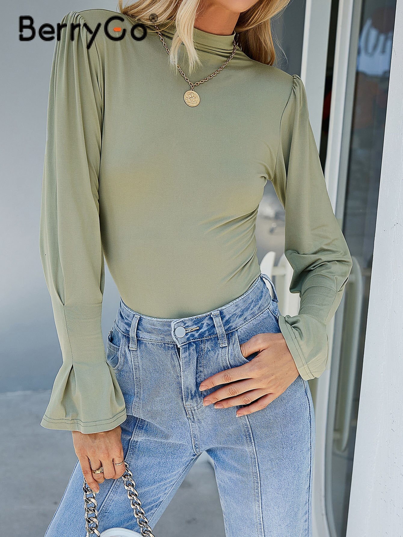 BerryGo Autumn winter mandarin sleeve basic  blouse shirt women Fashion crew neck slim T-shirt female Solid basic tops 2023 new