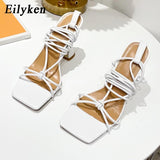 2023 New Design Ankle Strap Sandals Women Square Heel Party Lace-Up Summer Strange Style Sandal Shoes Size 41 42