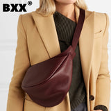[BXX] 2023 Spring Woman New Wine Red Black Color Wide Single Strap Zipper Half Moon PU Leather Chest Bag All Match LI812