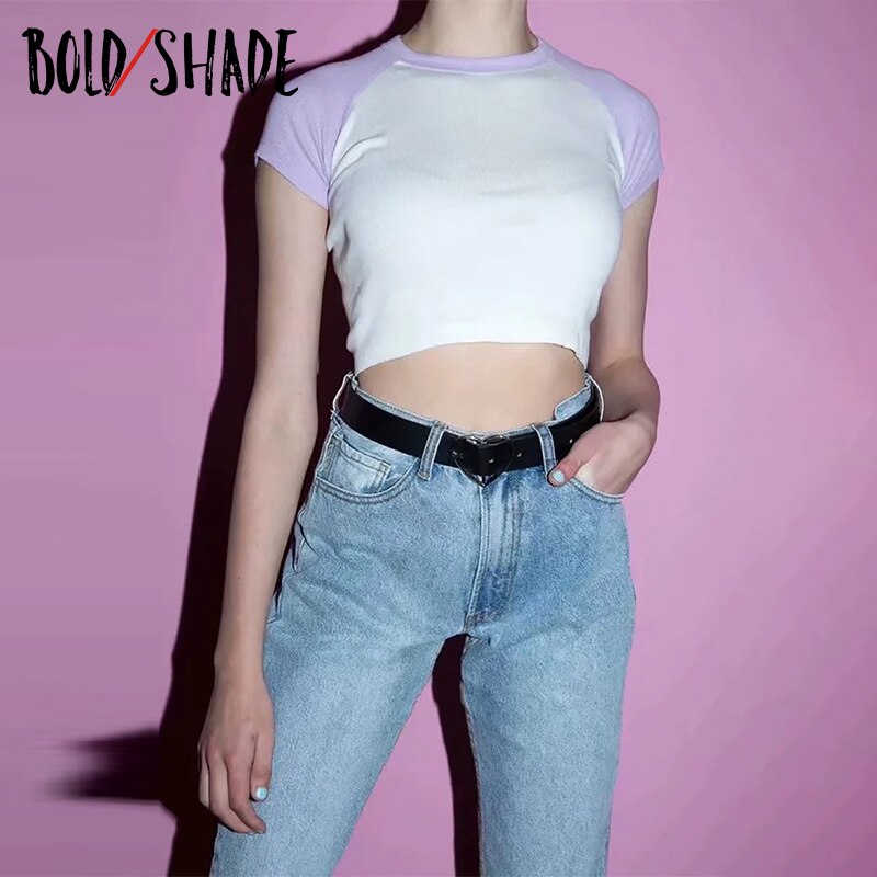 Bold Shade Grunge Street Style Vintage Tees Colorblocking Solid Crop T-shirts Indie Women Skater Fashion Slim Tshirt Basic 2023