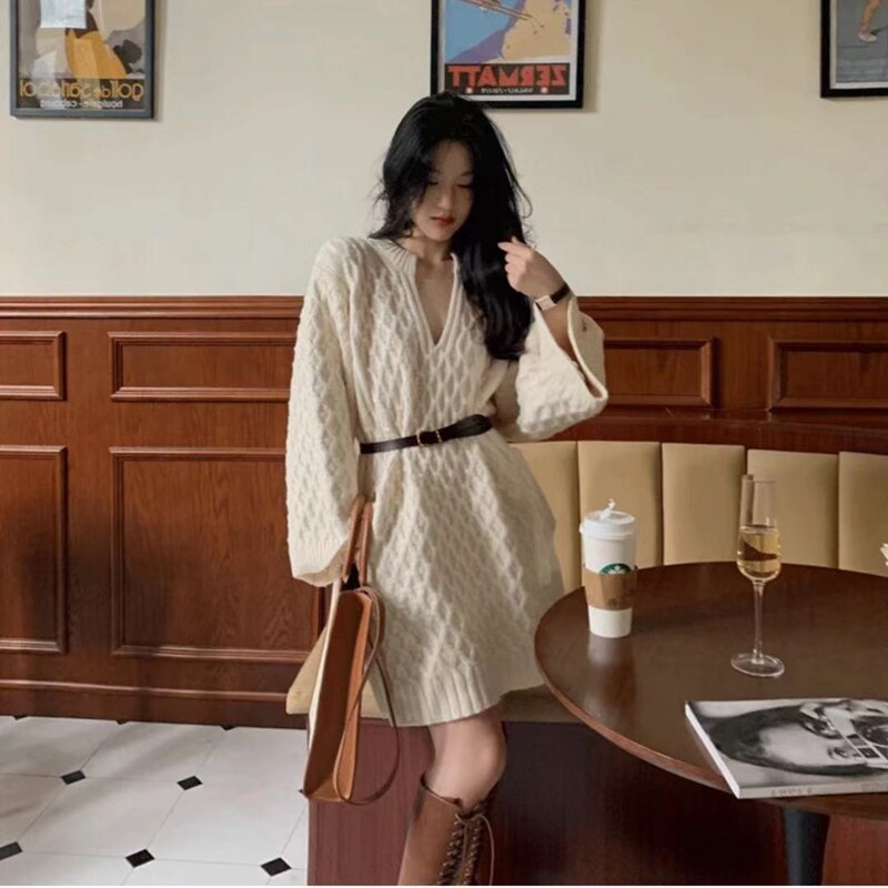 Autumn Winter Women Long Sleeve Sweater Dress V-neck Pullovers Loose Korean Thick Warm Casual Vintage Knitted Oversize Knitwear