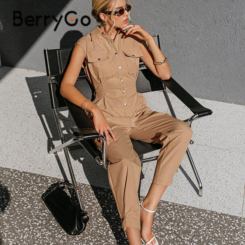 BerryGo Retro sleeveless high waist slim woman overalls Cool ankle banded jumpsuit romper Pockets grey spring summer playsuit