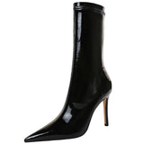 Billlnai  2023 Graduation party  BIGTREE Shoes Patent Leather Mid-Calf Boots Women Sexy High-heel Boots Stiletto Women Elastic Leather Boots Autumn Winter Boots