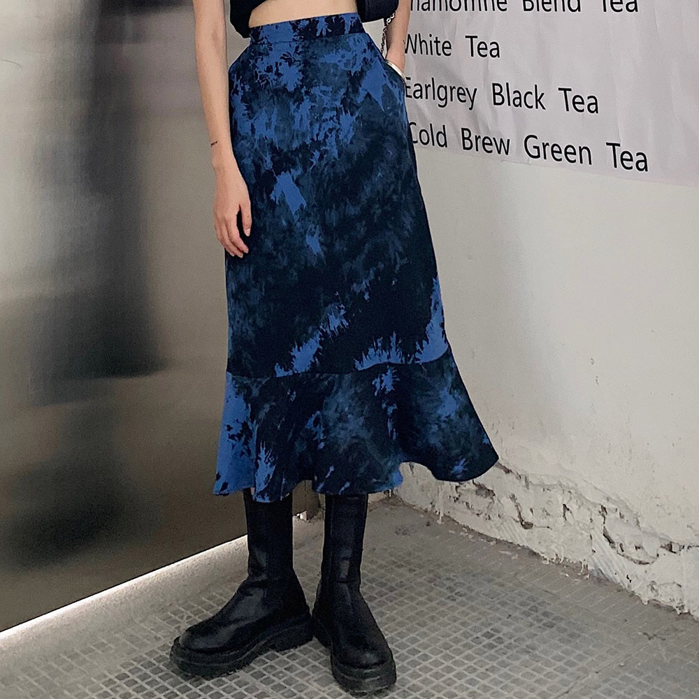 Rosetic NEW Gothic Blue Tie Dye Skirt Women Ruffles Design Cool Streetwear A Line High Waist Skirts Autumn 2020 Goth Halloween