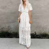 Jastie 2023 Summer Boho Women Maxi Dress Loose Embroidery White Lace long Tunic Beach Dress Vacation Holiday Women Clothing