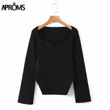Aproms Solid V-Neck Ribbed Knitted Sweater Women 2023 Winter Casual Long Sleeve Elastic Basic Pullover Female Black Split Jumper