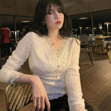 Billlnai  2023 Casual Lace V-Neck Blouse Women Spring Long Sleeve Party Sexy Base Shirt Female Korea Style Elegant Office Lady Slim Tops