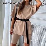 BerryGo Casual women's two piece suit outfits including belt Fashion summer set home loose sports leisure suit women tracksuit