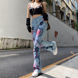 WeiYao Tie Dye Heart Print Y2K Jeans Woman High Waist Denim Trousers Vintage Aesthetic Grunge Pants Slim Casual Sweatpants