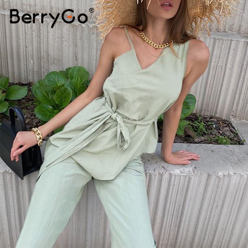 BerryGo Irregular slip lace-up woman set Solid wide leg causal set female Two piece high waist slim fashion summer suit ladies
