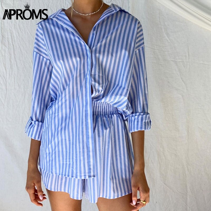 Aproms Blue Striped Oversized 2 Piece Set Women 2023 Summer Casual Long Sleeve Shirt and Shorts Cool Girls Holiday Fashion Suit