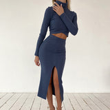 Women's Skinny Turtlenecks Midi Skirts Suits 2023 Autumn Long Sleeve Crop Tops Split Skirt 2 Piece Set Female Office Lady Sets