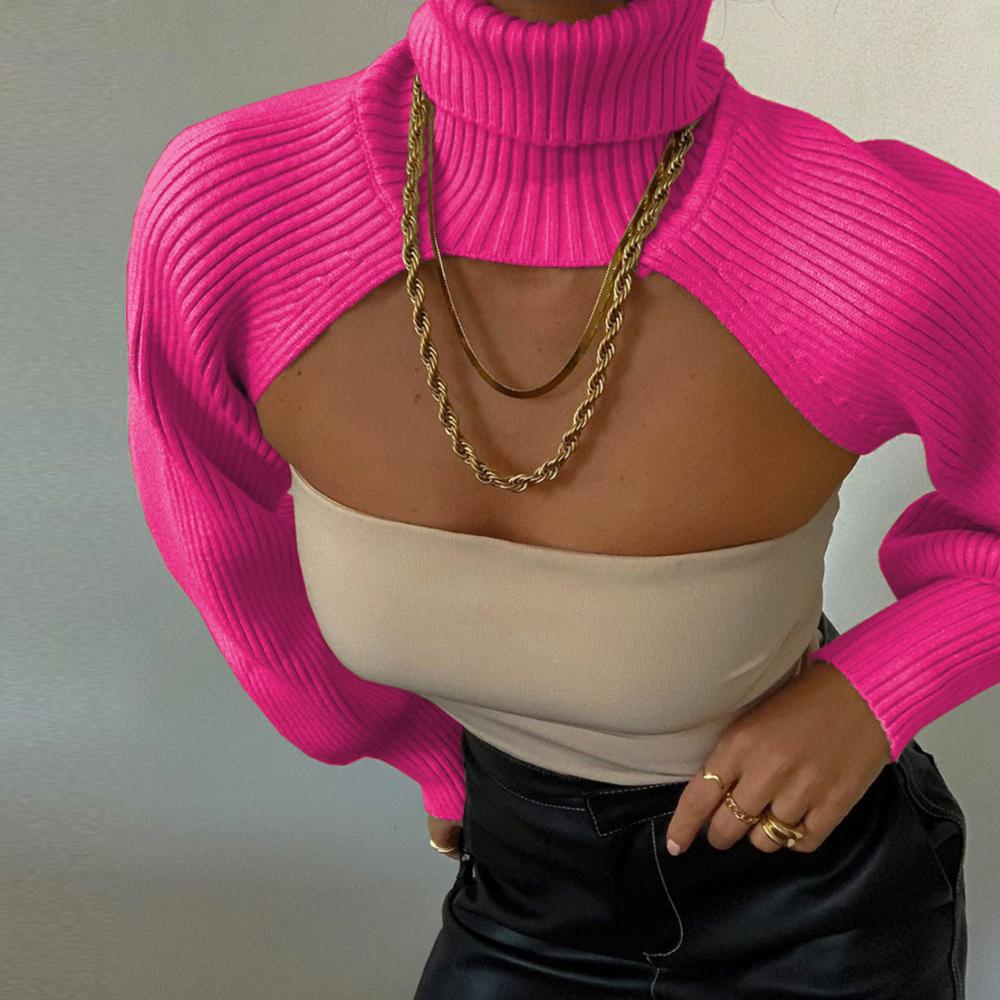 Cryptographic Fall Winter 2023 Knitted Turtleneck Women's Crop Tops Sweaters Lantern Sleeve Pullover Females Shawl Sweaters