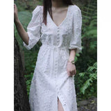 Jastie 2023 Autumn French White Maxi Dress Applique Embroidery Puff Sleeve V-Neck Dresses for Women Elegant Long Dress