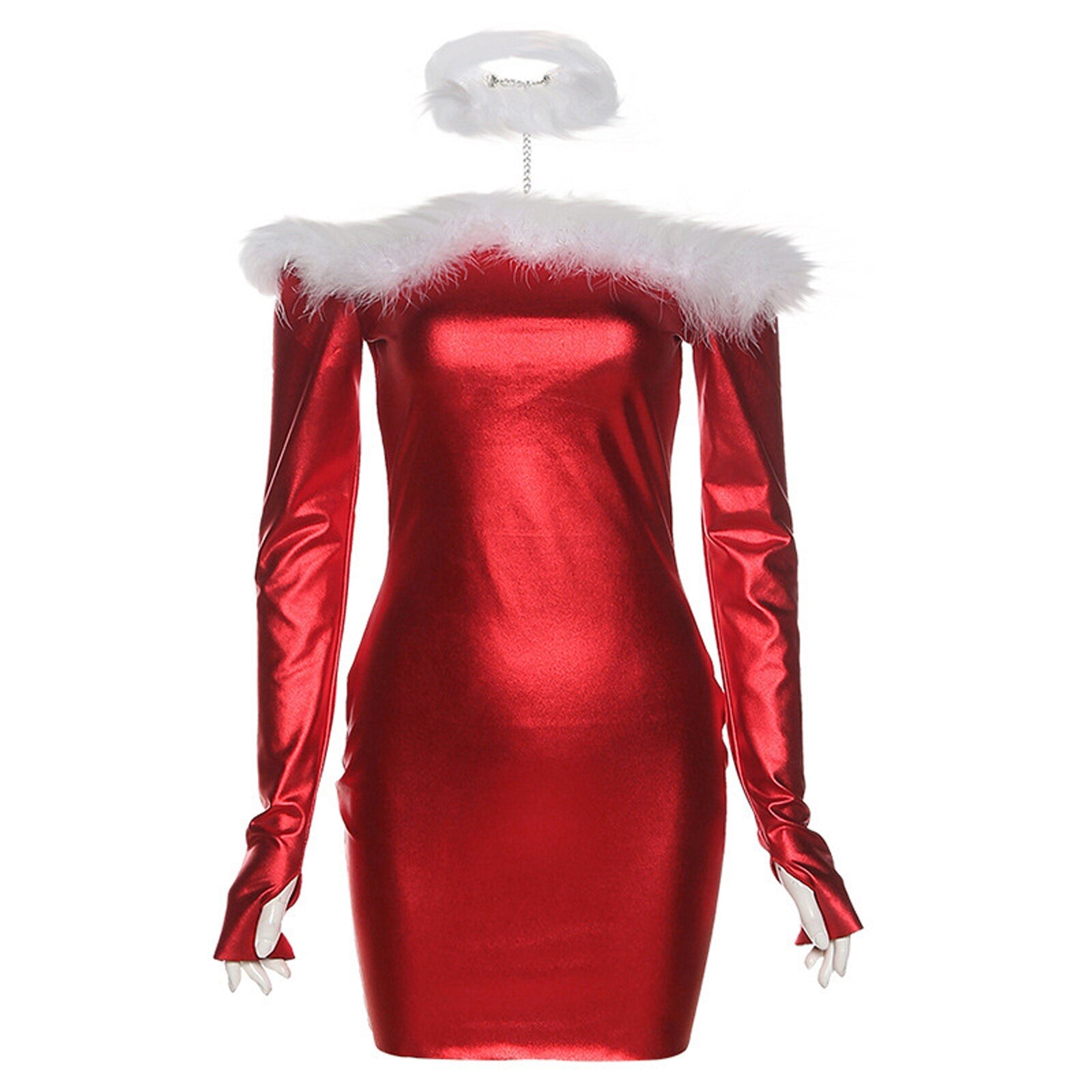 Red Christmas Mini Dress Women Aesthetic Soft Feathers Collar+Sexy Long Sleeve Stitching Slash Neck Female Partywear 2023 New