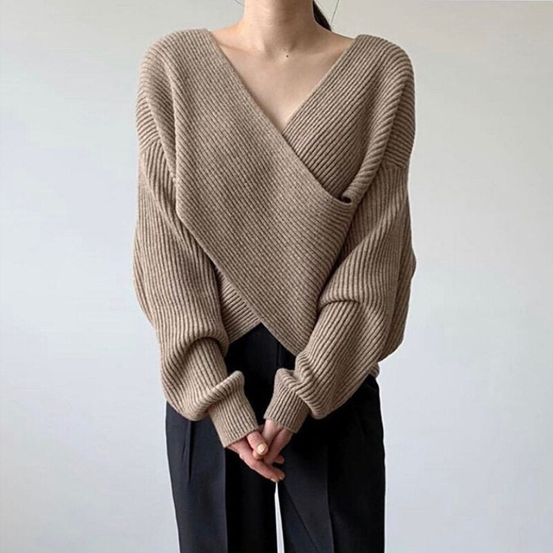 Billlnai Criss-Cross Sweater Khaki Fall 2023 Women Clothing Beige Korean Style Loose Pullovers Fashion Casual Raglan Sleeve Tops