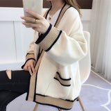 Billlnai  2023  Women's Cardigan Knitted Korean Fashion Stripe Wool Sweater for Women Winter Long Sleeve V-neck Casual Knitwear Coats Female