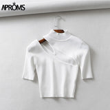 Aproms Candy Color High Neck Ribbed Knitted T-shirt Women Sexy Short Sleeve Strench Tshirt Ladies Streetwear White Crop Top 2023