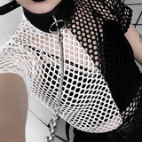Billlnai 2023 Gothic Sexy Crop Tops Transparent Mesh Top Long Sleeve T Shirt Women Turtleneck Metal Punk Tees Streetwear Tshirt