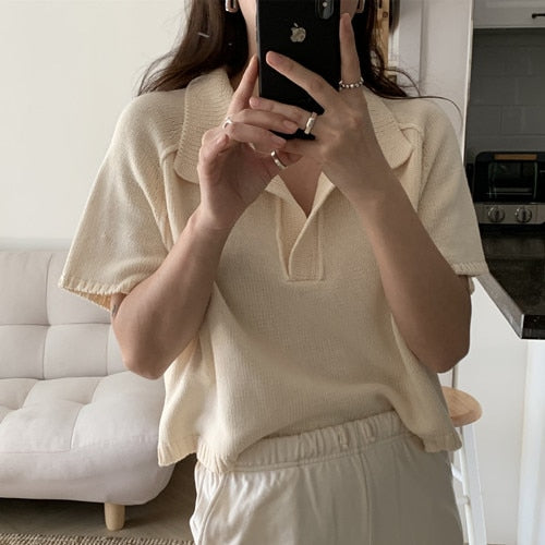Korean Style Summer Blouse Women Short Sleeve Turn Down Collar Loose Solid Color Elegant Knitted Ladies Tops Casual Blusas