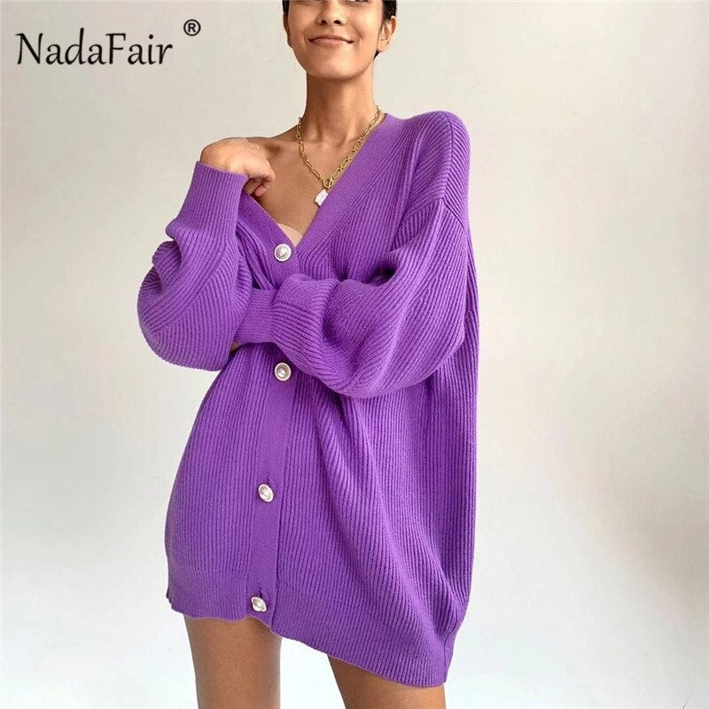 Christmas Gift Nadafair Lantern Sleeve Long Cardigan Women Oversized Knitted Sweater Coat Autumn Female Cardigan Jumpers Winter Clothes Y2K