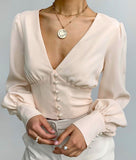 Billlnai Elegant v-neck puff sleeve blouse shirt autumn  High street peal button women's blouse  Fashion solid ladies crop tops