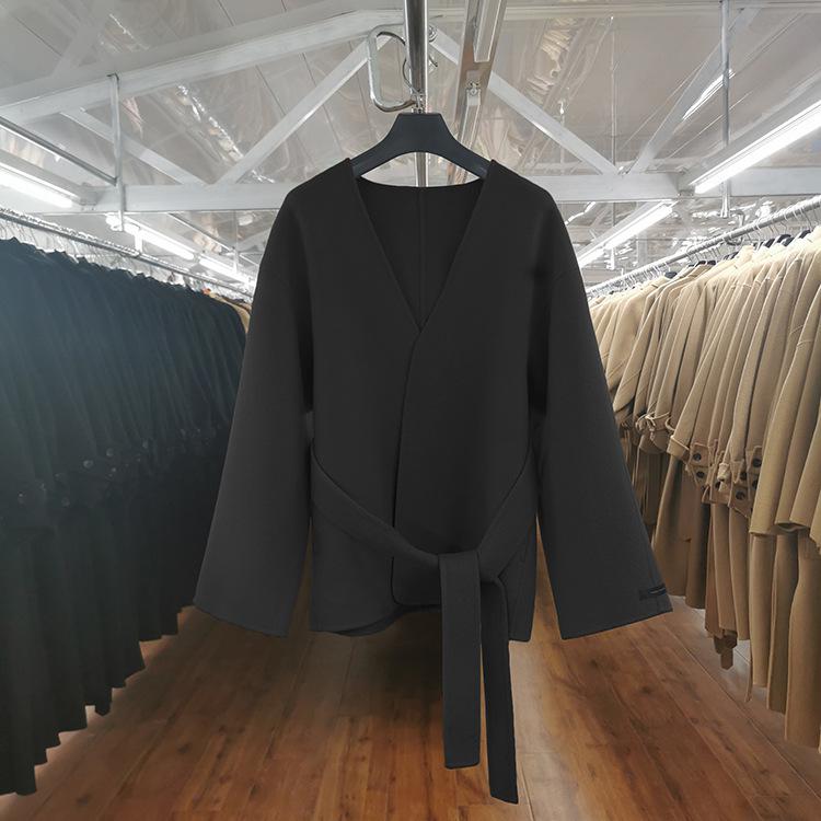 2023 Korean Winter Casual Handmade Women Lacing Belt Short High End Double Sided 100% Wool Coat Plus Size Loose Overcoat