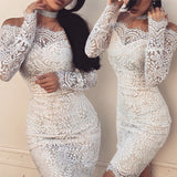 Black Friday Big Sales Sexy Women Long Sleeve Off Shoulder Bodycon Bandage Evening Party Dress White Ladies Wedding Lace Dress