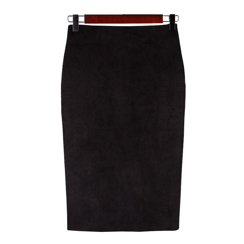 Women Suede Solid Color Pencil Skirt Female Autumn Winter High Waist Bodycon Vintage Split Thick Stretchy Skirts