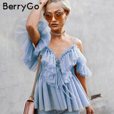 BerryGo Strap ruffles mesh blouse women shirt V neck off shoulder summer blouse tops Streetwear sexy peplum tops blusas 2019 new