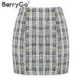 BerryGo Elegant buttons tweed plaid skirt women Vintage straigt autumn mini skirt female Office ladies winter work wear skirts