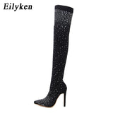 2023 Fashion Runway Crystal Stretch Fabric Sock Boots Pointy Toe Over-The-Knee Heel Thigh High Pointed Toe Woman Boot